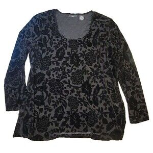 Velvet Burnout Black Tunic SZ 16-18 Whimsigoth Witchy Dark Floral Scoop Neck